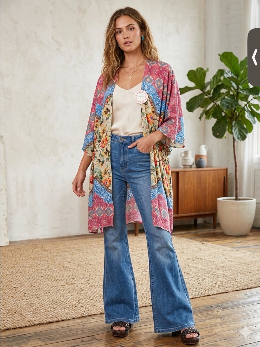 UMGEE SZ M/L Boho Floral Patchwork Kimono - Pink, Blue & Cream